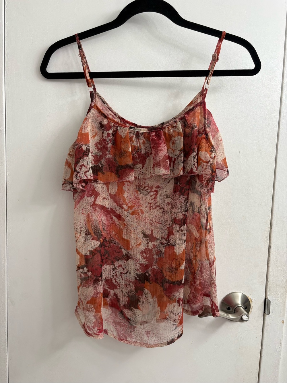 Women’s Floral Ruffle Spaghetti Strap sheer Top - Rust Pink - Picture 2 of 4